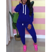 Lovely Casual Hooded Collar Drawstring Blue Plus S