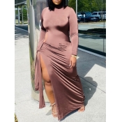Lovely Casual Turtleneck Side High Slit Coffee Ank