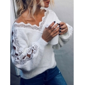 LW Stylish V Neck Lace Patchwork White Sweater