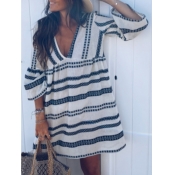 Lovely Casual V Neck Striped White Mini Dress