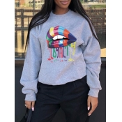 Lovely Casual O Neck Lip Print Grey Hoodie