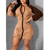 Lovely Casual Patchwork Zipper Design Brown Mini D