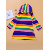 Lovely Trendy Hooded Collar Rainbow Striped Multic