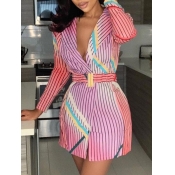Lovely Trendy Turndown Collar Striped Print Pink B