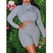 LW BASICS Casual Turtleneck Crop Top Grey Two Piec