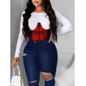 Lovely Casual O Neck Print Patchwork Red Plus Size