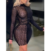 Lovely Sexy Print See-through Black Mini Dress