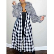 Lovely Stylish Hooded Collar Grid Print Black And 