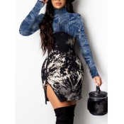 Lovely Stylish Turtleneck Print Patchwork Black Mi