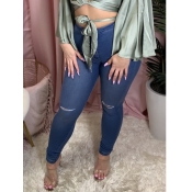 Lovely Casual Broken Holes Skinny Deep Blue Jeans