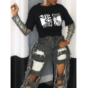 LW SXY Casual Letter Print Sequined Mesh Patchwork
