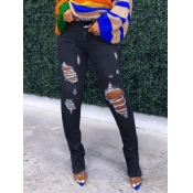 Lovely Street Broken Holes Elastic Black Jeans