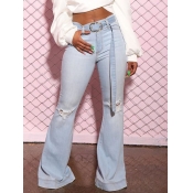 Lovely Casual Flared Broken Holes Baby Blue Jeans(