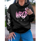 Lovely Casual Letter Print Kangaroo Pocket Black H