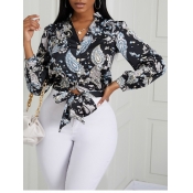 Lovely Stylish Floral Print Patchwork Blue Blouse