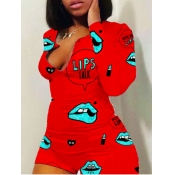 Lovely Casual V Neck Print Red One-piece Romper