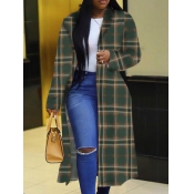 Lovely Casual Plaid Print Green Trench Coat