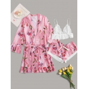 Lovely Casual Print Lace Patchwork Pink Sleepwear