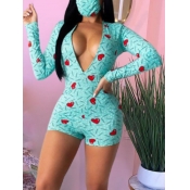 Lovely Casual Deep V Neck Heart-shaped Print Green