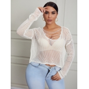 Lovely Sexy O Neck Hollow-out White Sweater