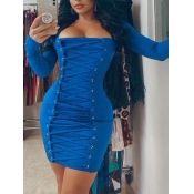 Lovely Casual Square Collar Bandage Design Blue Mi