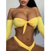 Lovely Sweet Strapless Knot Design Yellow Two-piec