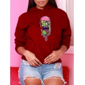 Lovely Casual Hooded Collar Print Wine Red Hoodie
