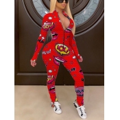 Lovely Casual Mandarin Collar Print Red One-piece 