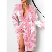 Lovely Street Money Print Lace-up Pink Trench Coat