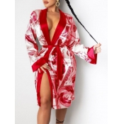 Lovely Street Money Print Lace-up Red Trench Coat