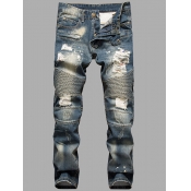 Lovely Men Casual Broken Holes Patchwork Blue Jean