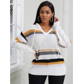 Lovely Stylish Hooded Collar Striped White Sweater
