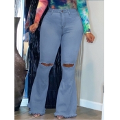 Lovely Casual Ripped Raw Edge Blue Plus Size Jeans