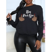 Lovely Casual O Neck Letter Print Black Plus Size 
