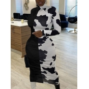 Lovely Casual Turtleneck Print Patchwork Black Mid