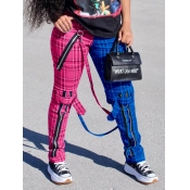 LW Casual Plaid Print Patchwork Rose Red Pants