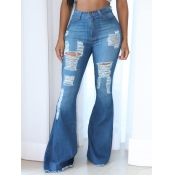 Lovely Street Flared Broken Holes Blue Jeans