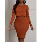 Lovely Casual O Neck Back Slit Caramel Two Piece D
