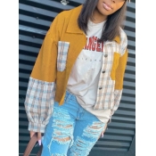 Lovely Casual Plaid Print Patchwork Yellow Coat