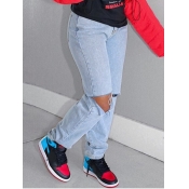 Lovely Casual Mid Waist Hollow-out Skyblue Jeans