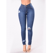 Lovely Casual High-waisted Broken Holes Deep Blue 