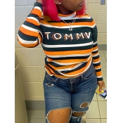 LW Casual Letter Print Striped Patchwork Yellow T-