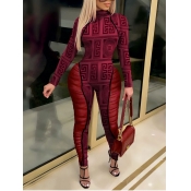 Lovely Sweet Mesh Geometric Print Wine Red One-pie