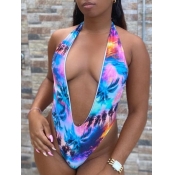 LW BASICS Sexy Deep V Neck Print Patchwork Purple 