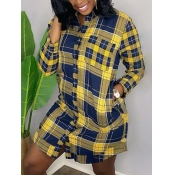 Lovely Casual Plaid Print Yellow Mini Shirt Dress