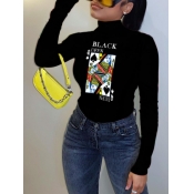 Lovely Casual Card Print Patchwork Black T-shirt