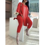 LW Casual O Neck Side Split Red Two Piece Pants Se
