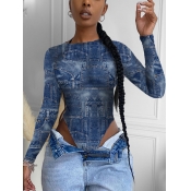 Lovely Sexy O Neck Print Asymmetrical Blue Bodysui