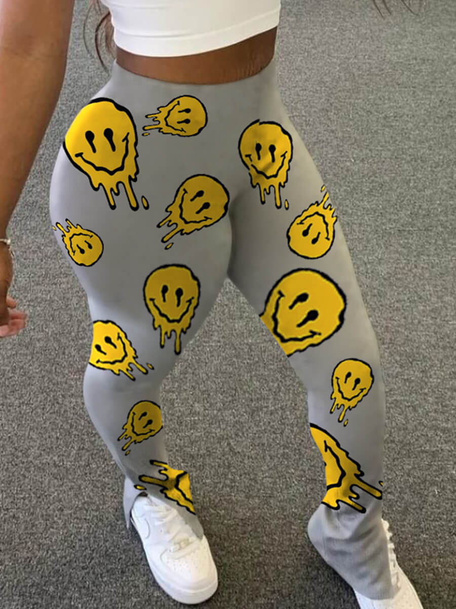Lovely Casual Mid Waist Smiley Face Print Grey Pants(No-positioning Printing)