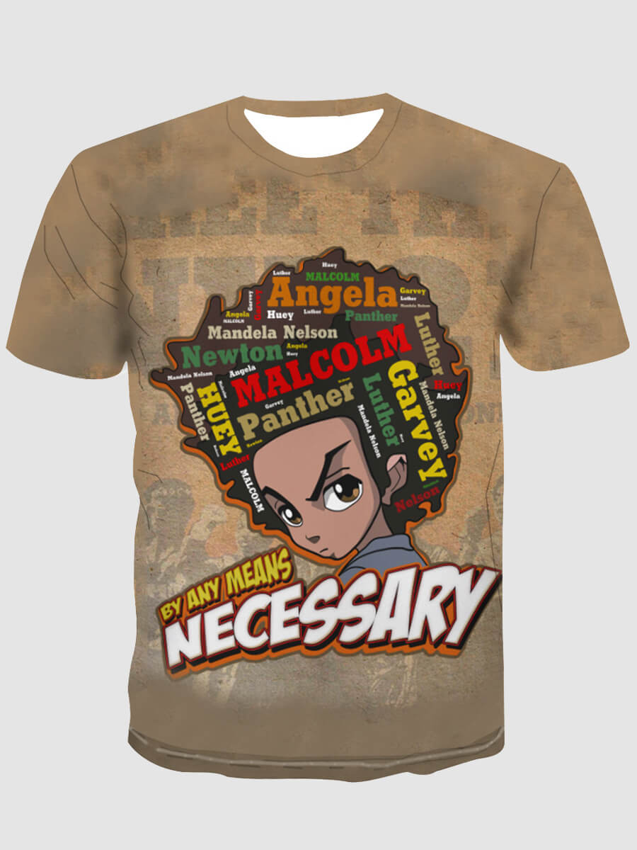 LW Men Casual O Neck Letter Cartoon Print Khaki T-shirt